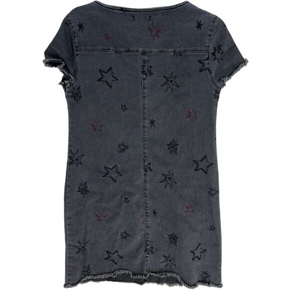 Max Jeans Denim Dress XS Gray Stars Print Short Sleeve Pockets Scoop Neck Grunge - Picture 2 of 6